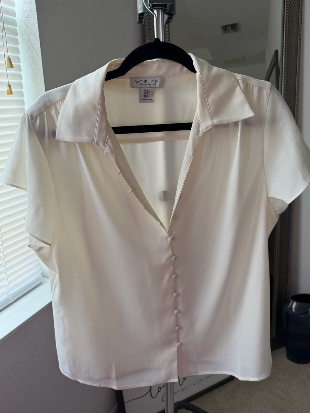 Rachel Zoe Ivory Satin Short-Sleeve Button-Front Blouse